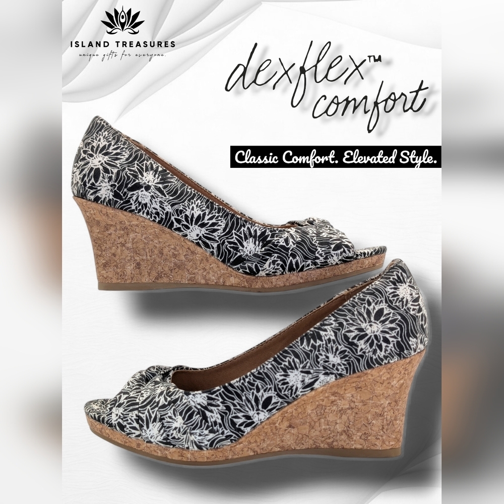 Dexflex Comfort "Cate Bow" US Size 7.5 Black and White Floral Cork Style Wedges